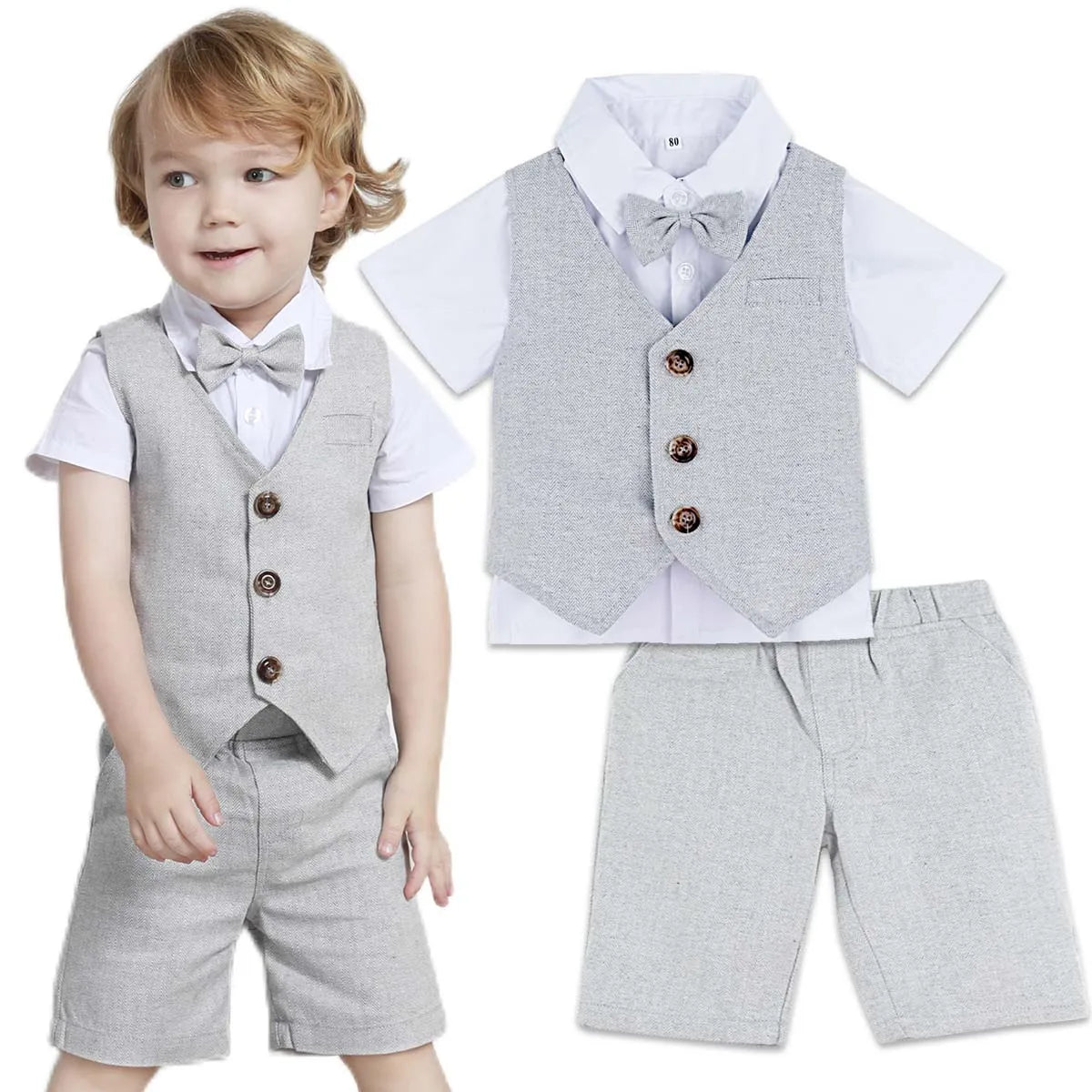 Baby Boy Clothes Toddler Wedding Suit Set Kids Birthday Party Outfit Gemtleman Formal Short Sleeve Cotton Clothing Set 3PCS