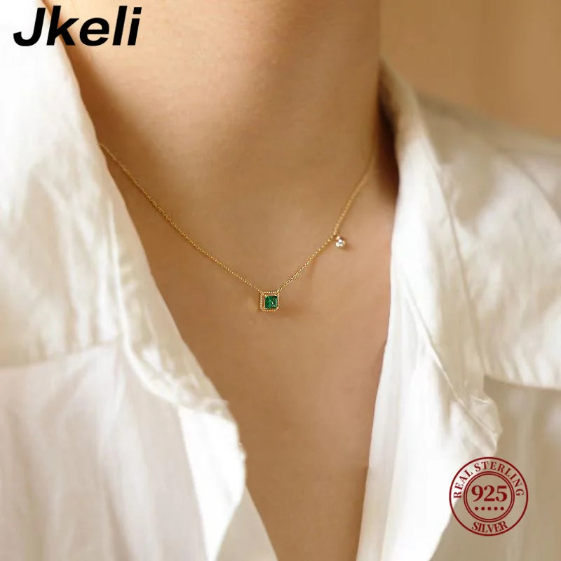 Jkeli S925 Sterling Silver Simple Emerald Crystal Chain Necklace Women Light Luxury Temperament Plating 18k Gold Jew style
