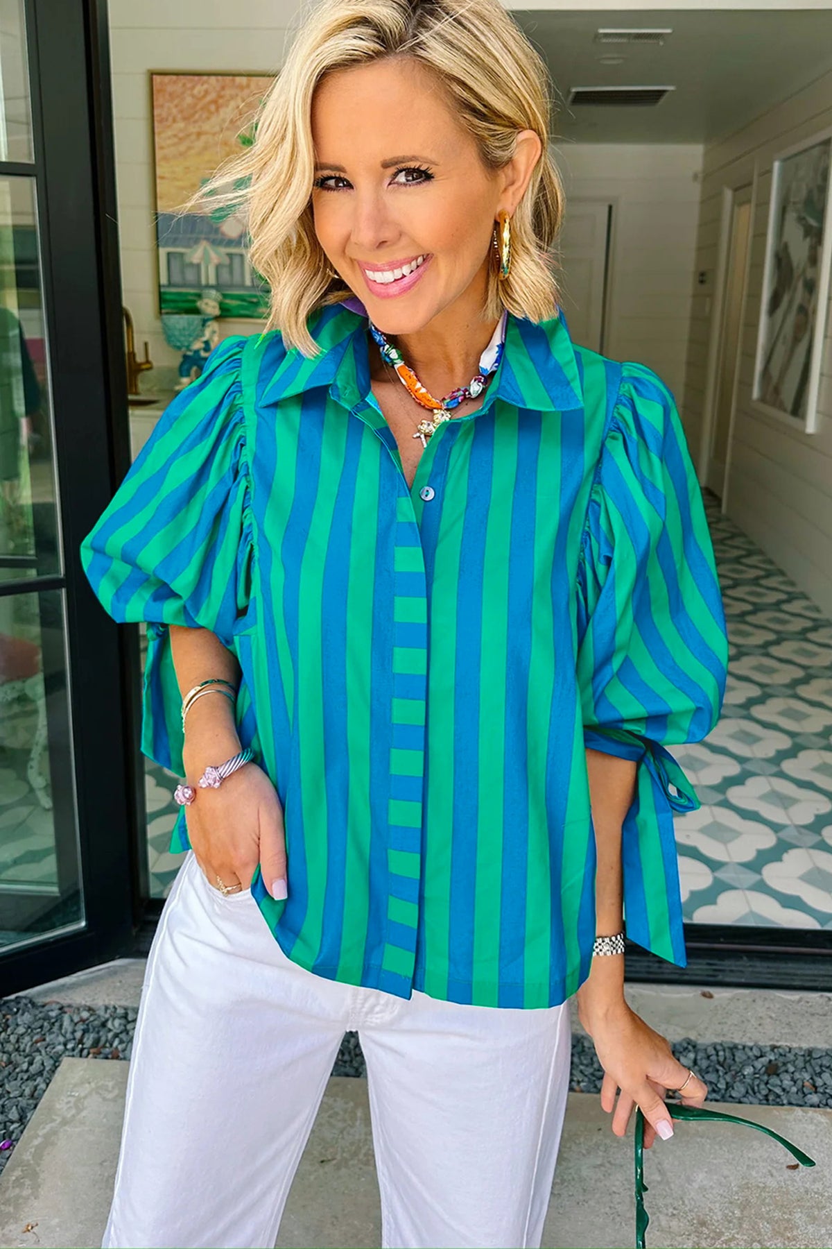 Red Stripe Tie Puff Sleeve Womens Button Down Shirt