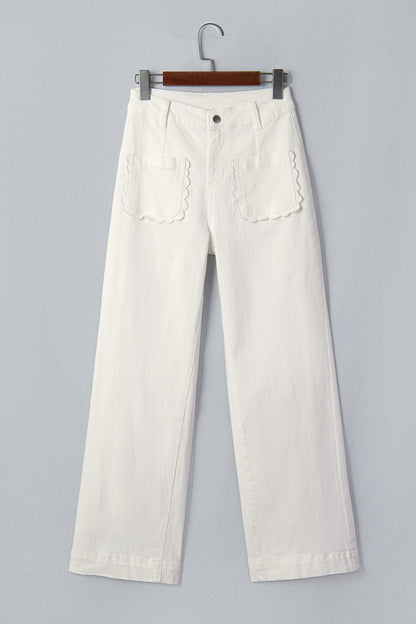 Yellow Solid Color Scalloped Patch Pocket Shift Jeans