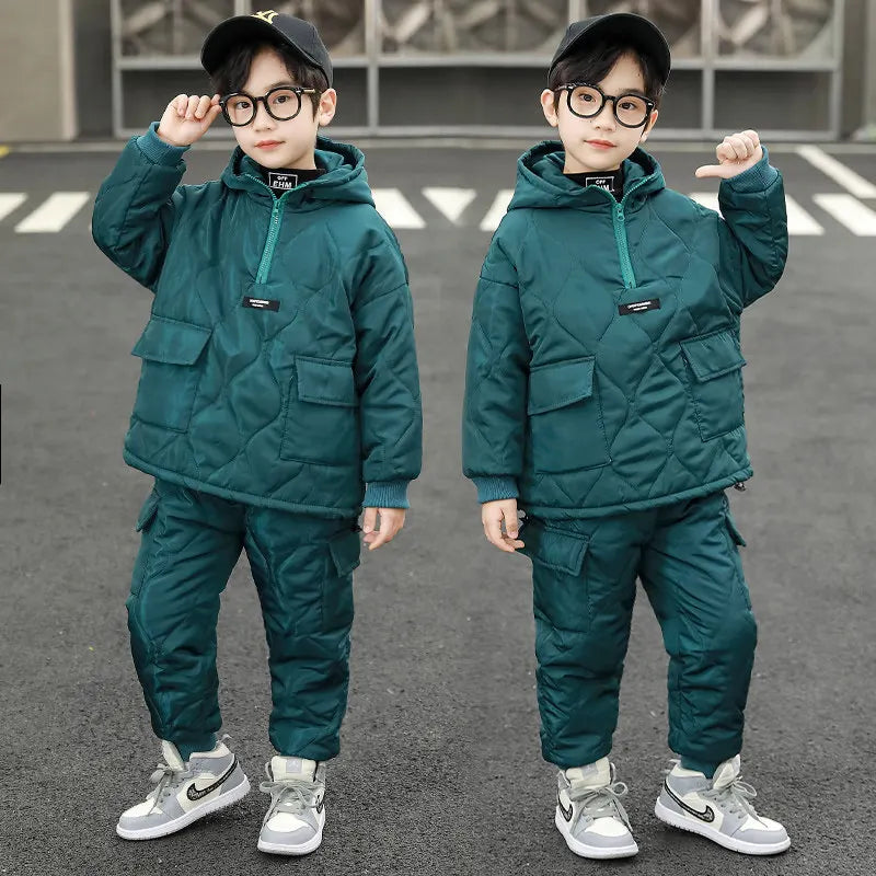 Children Winter Clothing Sets for Toddler Boys Pockets Hooded Tops+Pants Thick Two Pieces Baby Solid Color Outfits 2-13Years Old