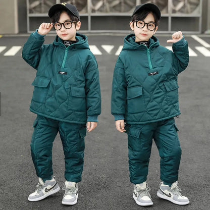 Children Winter Clothing Sets for Toddler Boys Pockets Hooded Tops+Pants Thick Two Pieces Baby Solid Color Outfits 2-13Years Old