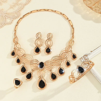 Exaggerated Cross-Border Jewelry Set with Black Resin and Gold-Tone Rhinestones: Necklace, Earrings, Ring, and Bracelet for Women, Wedding Style, Unique Design
