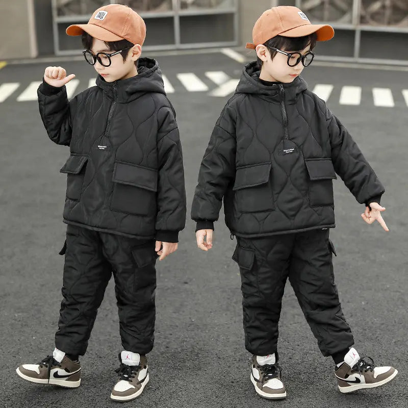 Children Winter Clothing Sets for Toddler Boys Pockets Hooded Tops+Pants Thick Two Pieces Baby Solid Color Outfits 2-13Years Old