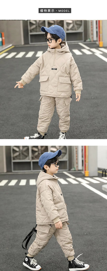 Children Winter Clothing Sets for Toddler Boys Pockets Hooded Tops+Pants Thick Two Pieces Baby Solid Color Outfits 2-13Years Old