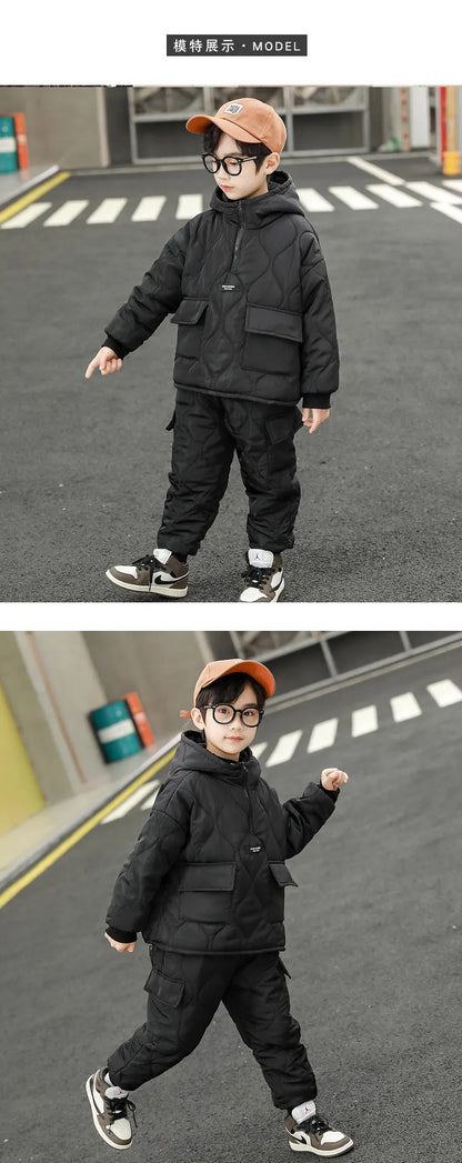 Children Winter Clothing Sets for Toddler Boys Pockets Hooded Tops+Pants Thick Two Pieces Baby Solid Color Outfits 2-13Years Old