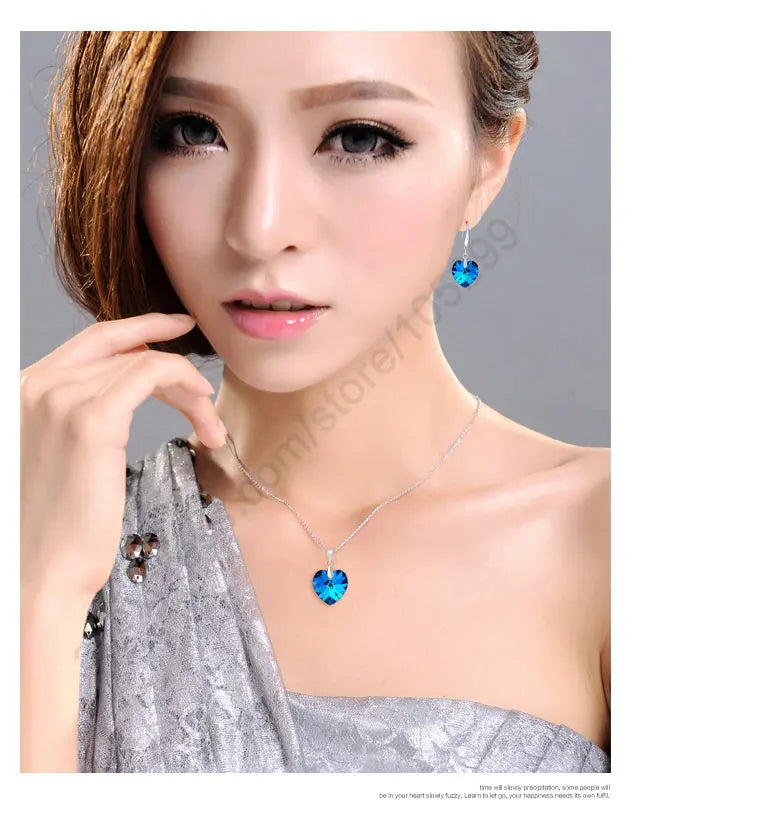 Top Sale Jewely Sets Blue Austrian Crystal Pure Genuine 925 Sterling Silver  Ocean Sea Heart Necklace Earring Ear Thread