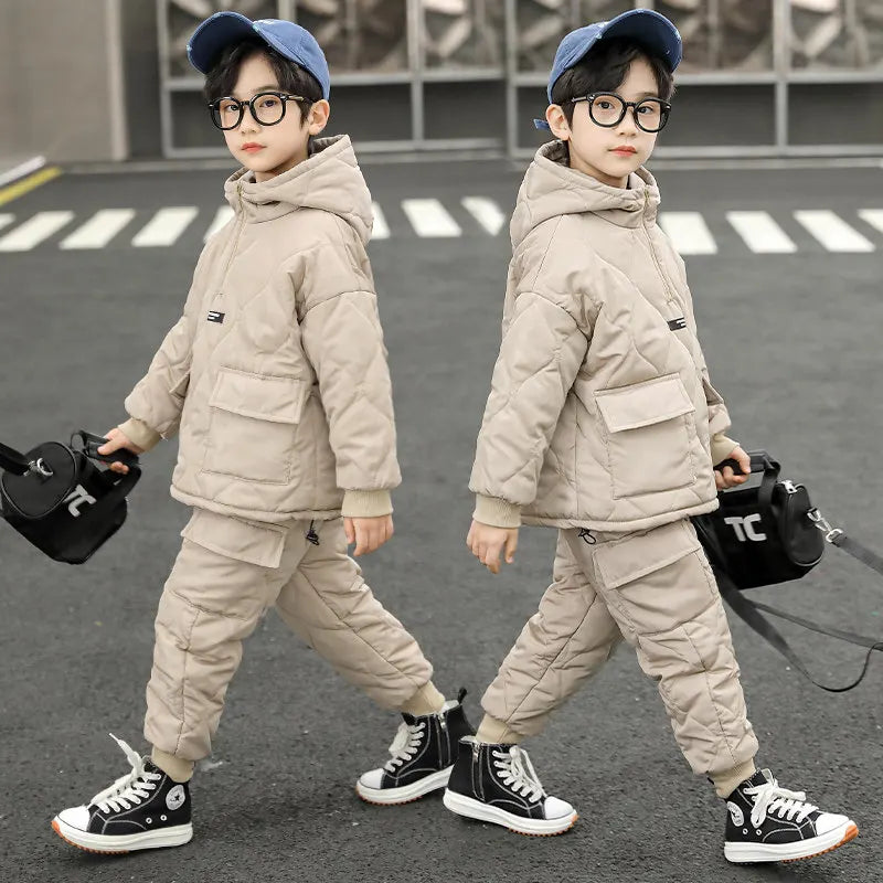 Children Winter Clothing Sets for Toddler Boys Pockets Hooded Tops+Pants Thick Two Pieces Baby Solid Color Outfits 2-13Years Old