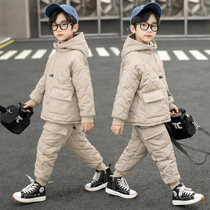 Children Winter Clothing Sets for Toddler Boys Pockets Hooded Tops+Pants Thick Two Pieces Baby Solid Color Outfits 2-13Years Old