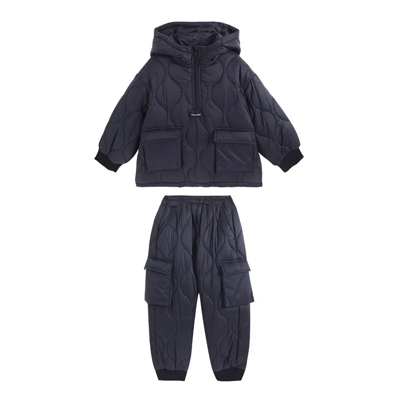 Children Winter Clothing Sets for Toddler Boys Pockets Hooded Tops+Pants Thick Two Pieces Baby Solid Color Outfits 2-13Years Old