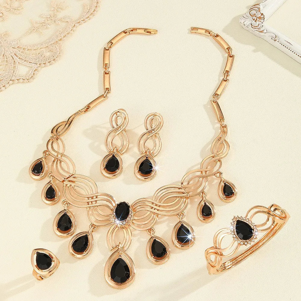 Exaggerated Cross-Border Jewelry Set with Black Resin and Gold-Tone Rhinestones: Necklace, Earrings, Ring, and Bracelet for Women, Wedding Style, Unique Design