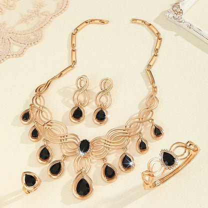 Exaggerated Cross-Border Jewelry Set with Black Resin and Gold-Tone Rhinestones: Necklace, Earrings, Ring, and Bracelet for Women, Wedding Style, Unique Design