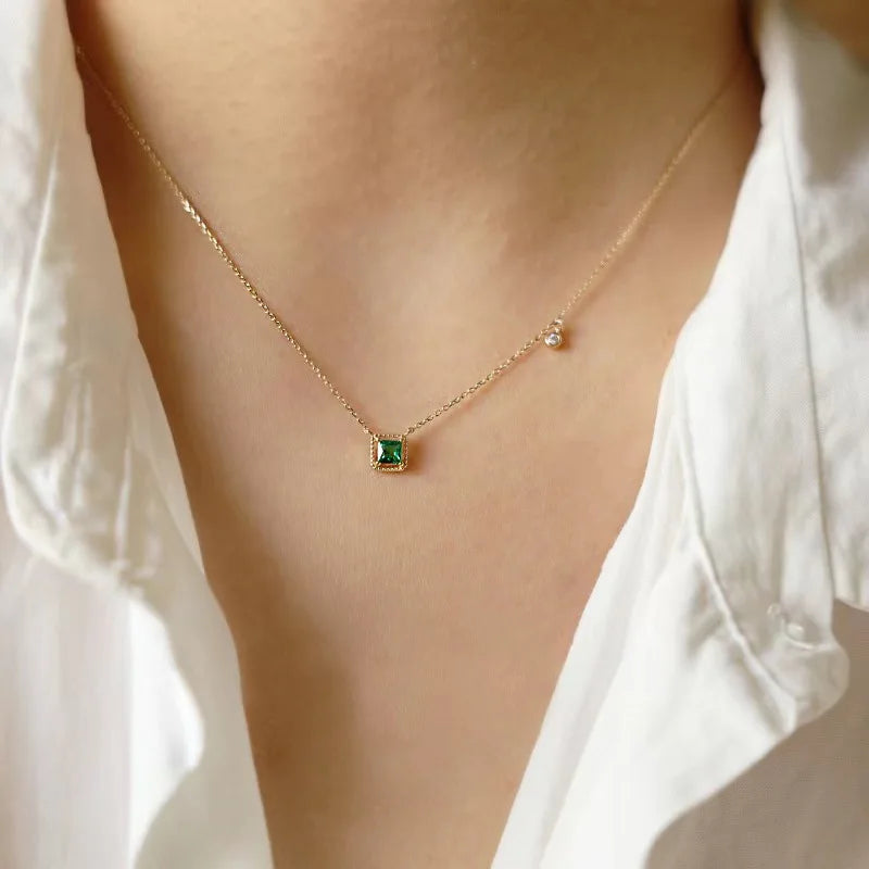 Jkeli S925 Sterling Silver Simple Emerald Crystal Chain  Necklace  Women Light Luxury Temperament Plating 18k Gold Jew   style