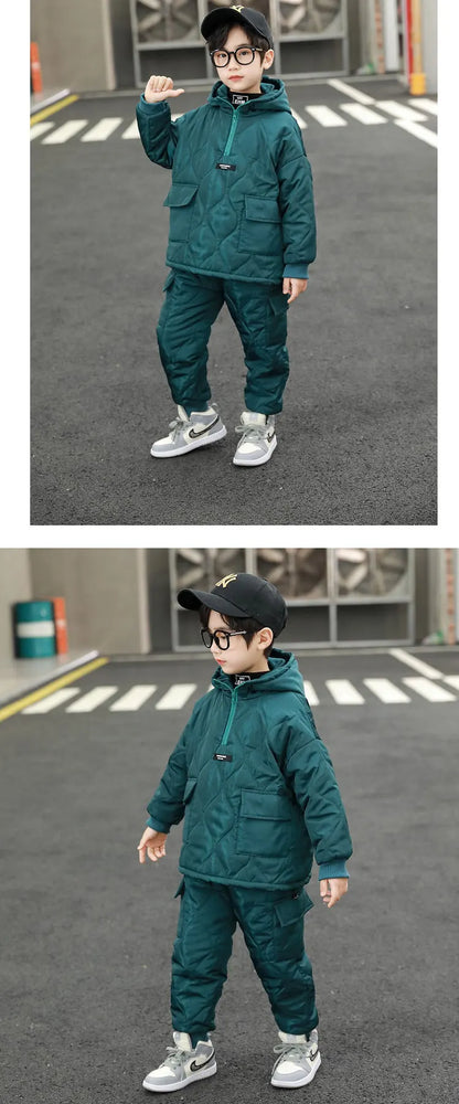 Children Winter Clothing Sets for Toddler Boys Pockets Hooded Tops+Pants Thick Two Pieces Baby Solid Color Outfits 2-13Years Old
