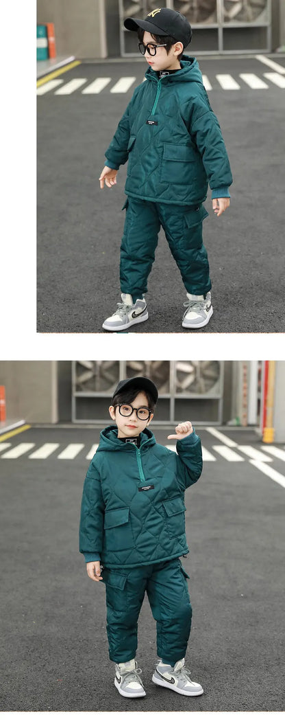 Children Winter Clothing Sets for Toddler Boys Pockets Hooded Tops+Pants Thick Two Pieces Baby Solid Color Outfits 2-13Years Old