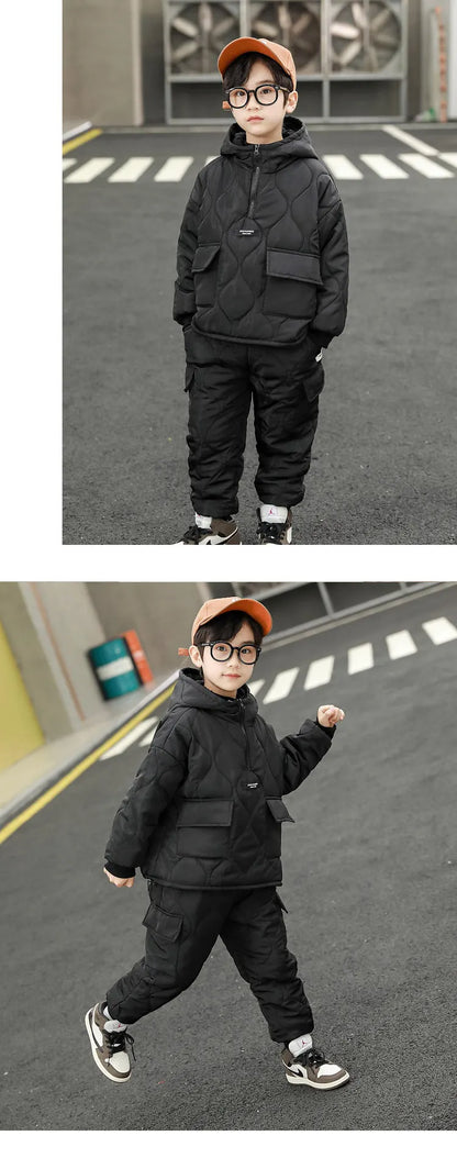 Children Winter Clothing Sets for Toddler Boys Pockets Hooded Tops+Pants Thick Two Pieces Baby Solid Color Outfits 2-13Years Old