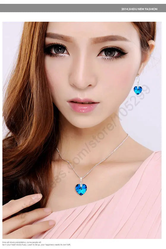 Top Sale Jewely Sets Blue Austrian Crystal Pure Genuine 925 Sterling Silver  Ocean Sea Heart Necklace Earring Ear Thread