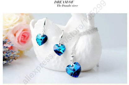 Top Sale Jewely Sets Blue Austrian Crystal Pure Genuine 925 Sterling Silver  Ocean Sea Heart Necklace Earring Ear Thread