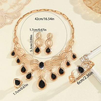 Exaggerated Cross-Border Jewelry Set with Black Resin and Gold-Tone Rhinestones: Necklace, Earrings, Ring, and Bracelet for Women, Wedding Style, Unique Design
