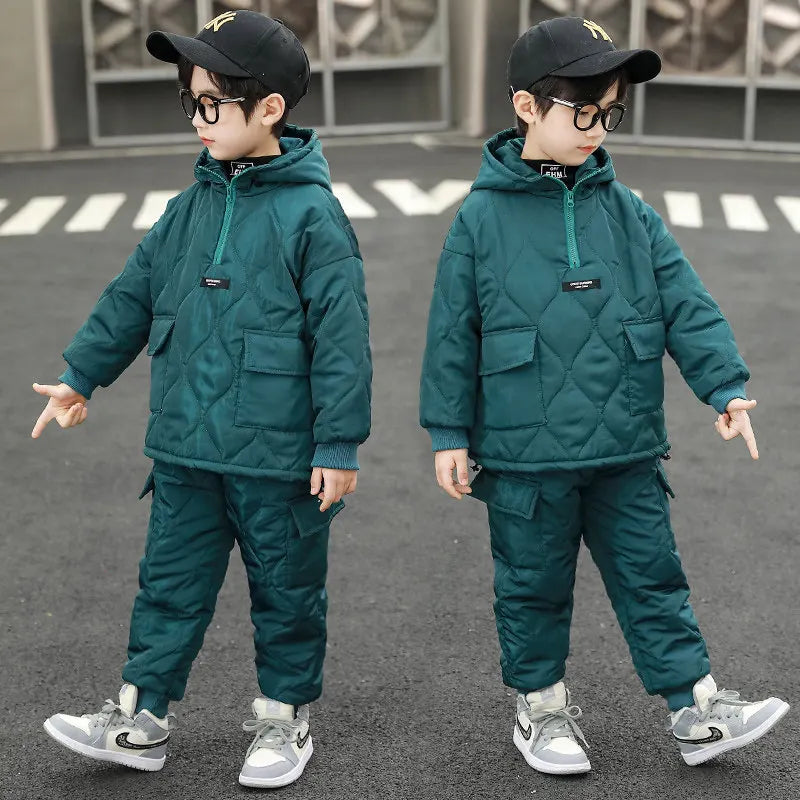 Children Winter Clothing Sets for Toddler Boys Pockets Hooded Tops+Pants Thick Two Pieces Baby Solid Color Outfits 2-13Years Old