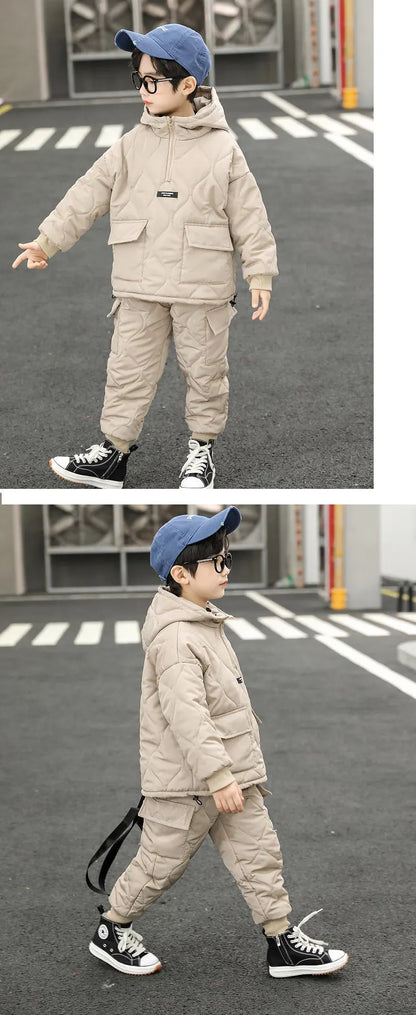 Children Winter Clothing Sets for Toddler Boys Pockets Hooded Tops+Pants Thick Two Pieces Baby Solid Color Outfits 2-13Years Old