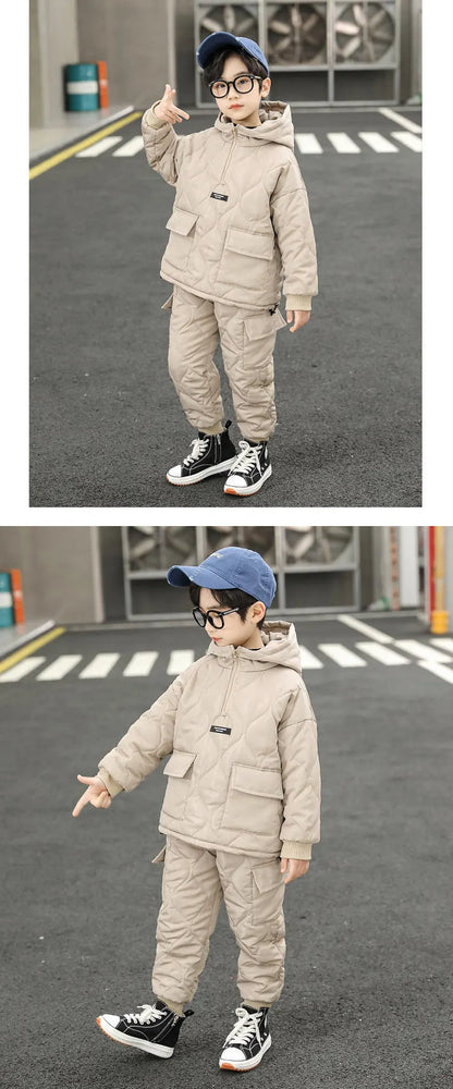 Children Winter Clothing Sets for Toddler Boys Pockets Hooded Tops+Pants Thick Two Pieces Baby Solid Color Outfits 2-13Years Old
