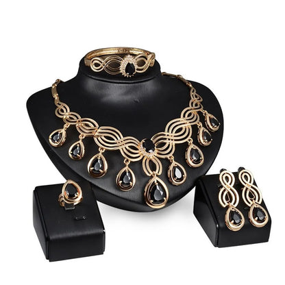 Exaggerated Cross-Border Jewelry Set with Black Resin and Gold-Tone Rhinestones: Necklace, Earrings, Ring, and Bracelet for Women, Wedding Style, Unique Design