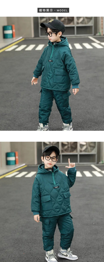 Children Winter Clothing Sets for Toddler Boys Pockets Hooded Tops+Pants Thick Two Pieces Baby Solid Color Outfits 2-13Years Old
