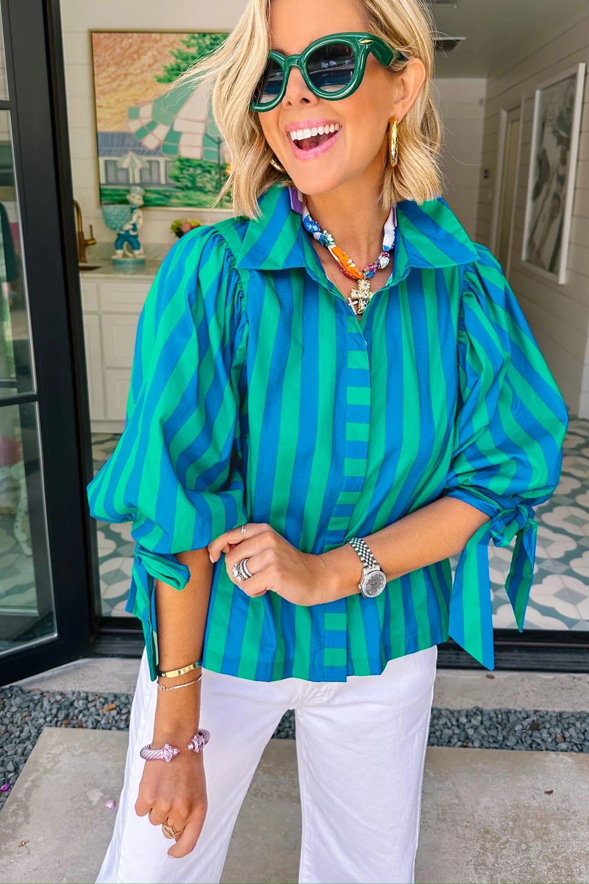 Red Stripe Tie Puff Sleeve Womens Button Down Shirt