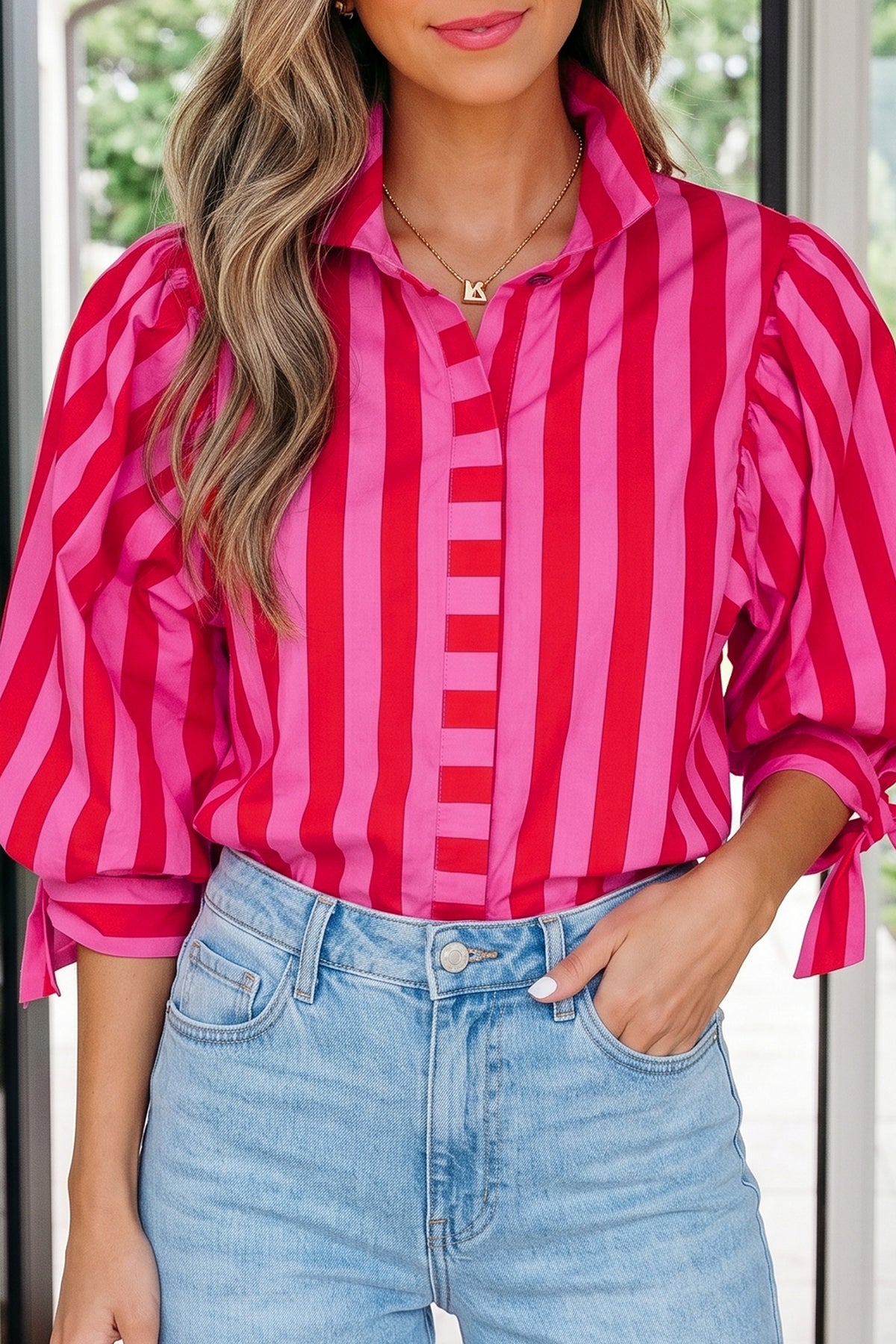 Red Stripe Tie Puff Sleeve Womens Button Down Shirt