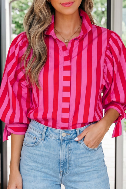 Red Stripe Tie Puff Sleeve Womens Button Down Shirt