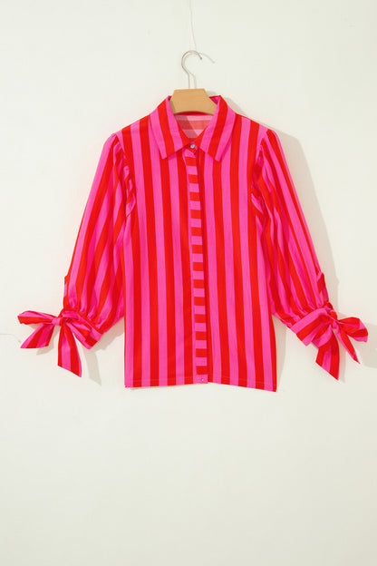 Red Stripe Tie Puff Sleeve Womens Button Down Shirt