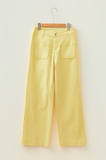 Yellow Solid Color Scalloped Patch Pocket Shift Jeans
